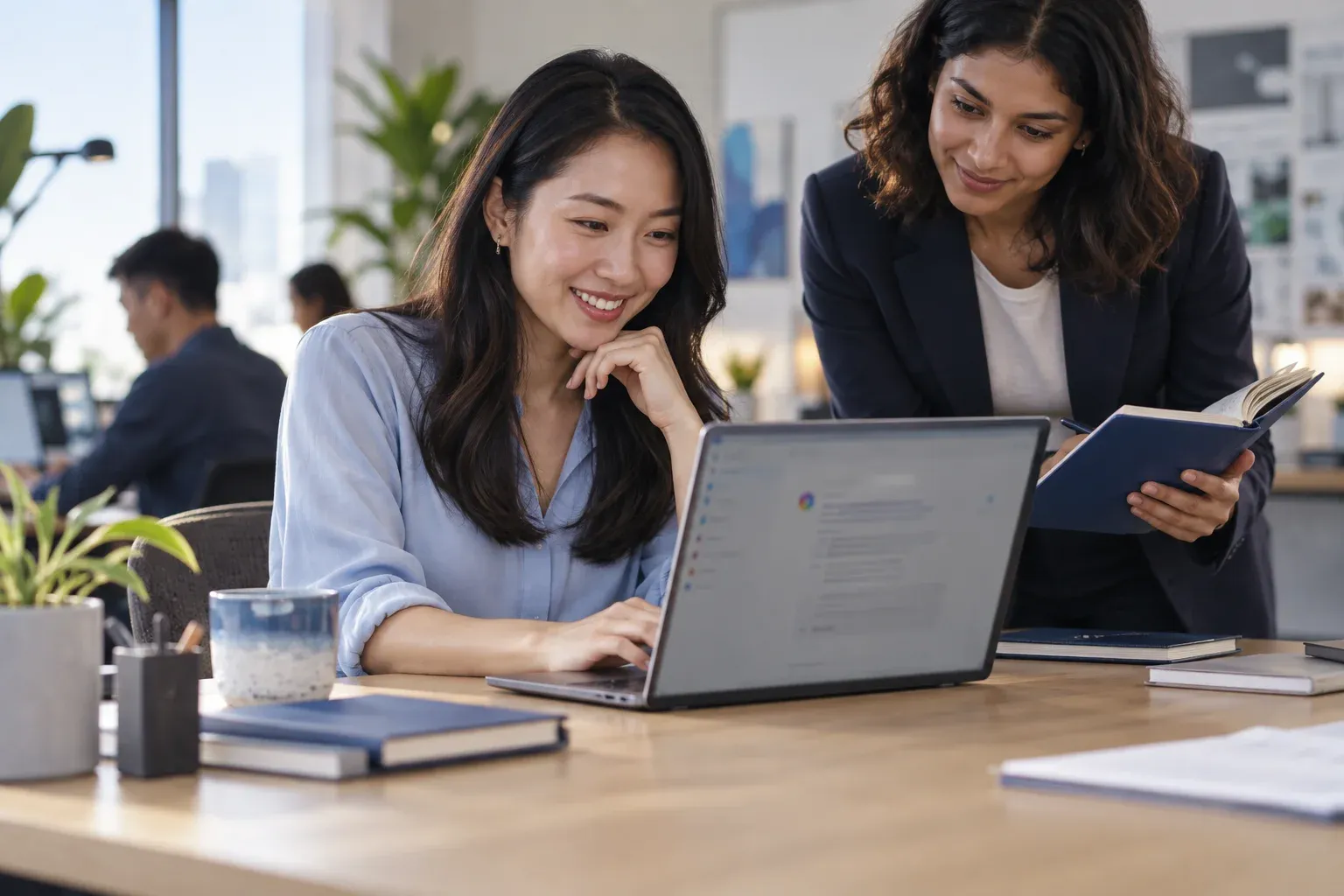 A professional and her colleague reviewing notes beside a laptop.