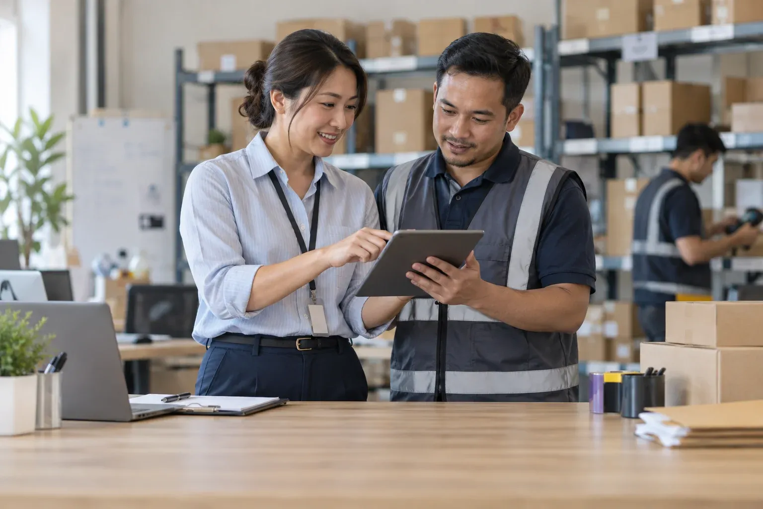 An operations manager and warehouse colleague checking stock on a tablet.